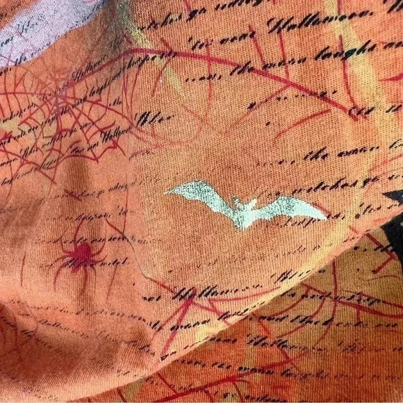 Halloween Orange Pullover Unisex T-Shirt Witch, Bats, Spider, Spider Web, Moon - Picture 5 of 11